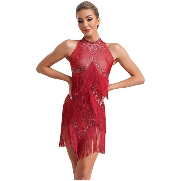 Sxiwei Womens Latin Tango Dance Dress Shiny Tassel Leotard Dancewear Sleeveless Backless Bodysuit Burgundy S