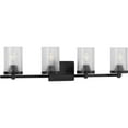 thumbnail image 3 of Fawcett Collection Four-Light Matte Black Clear Patterned Glass Transitional Bath Vanity Light, 3 of 5