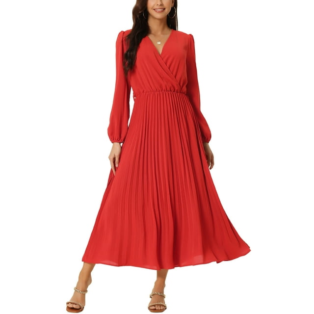 Vestido plisado de mujer Inspire Chic con mangas largas abullonadas, escote en V y cinturón en la cintura, talla XL, rojo