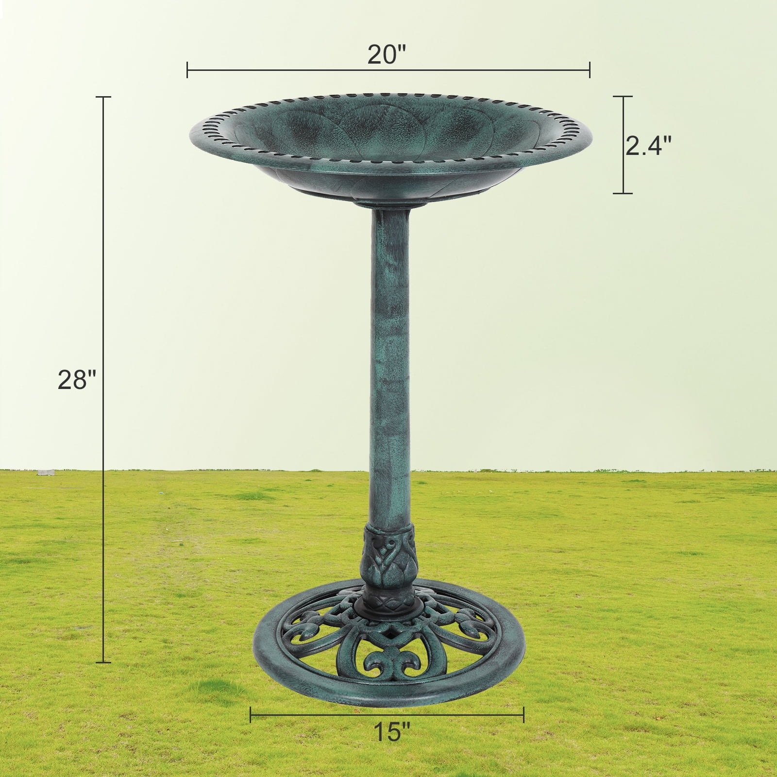 VINGLI Pedestal Bird Bath 28 Inch Antique Green Resin Birdbaths Vintage Garden Decor for Outdoor Lightweight