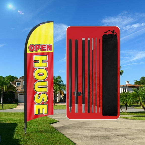 QSUM Open House Sign Feather Flag with Pole Kit,8FT Open House Decoration Display, Open House Business Sign,Open House Swooper Flag(YELLOW&RED)
