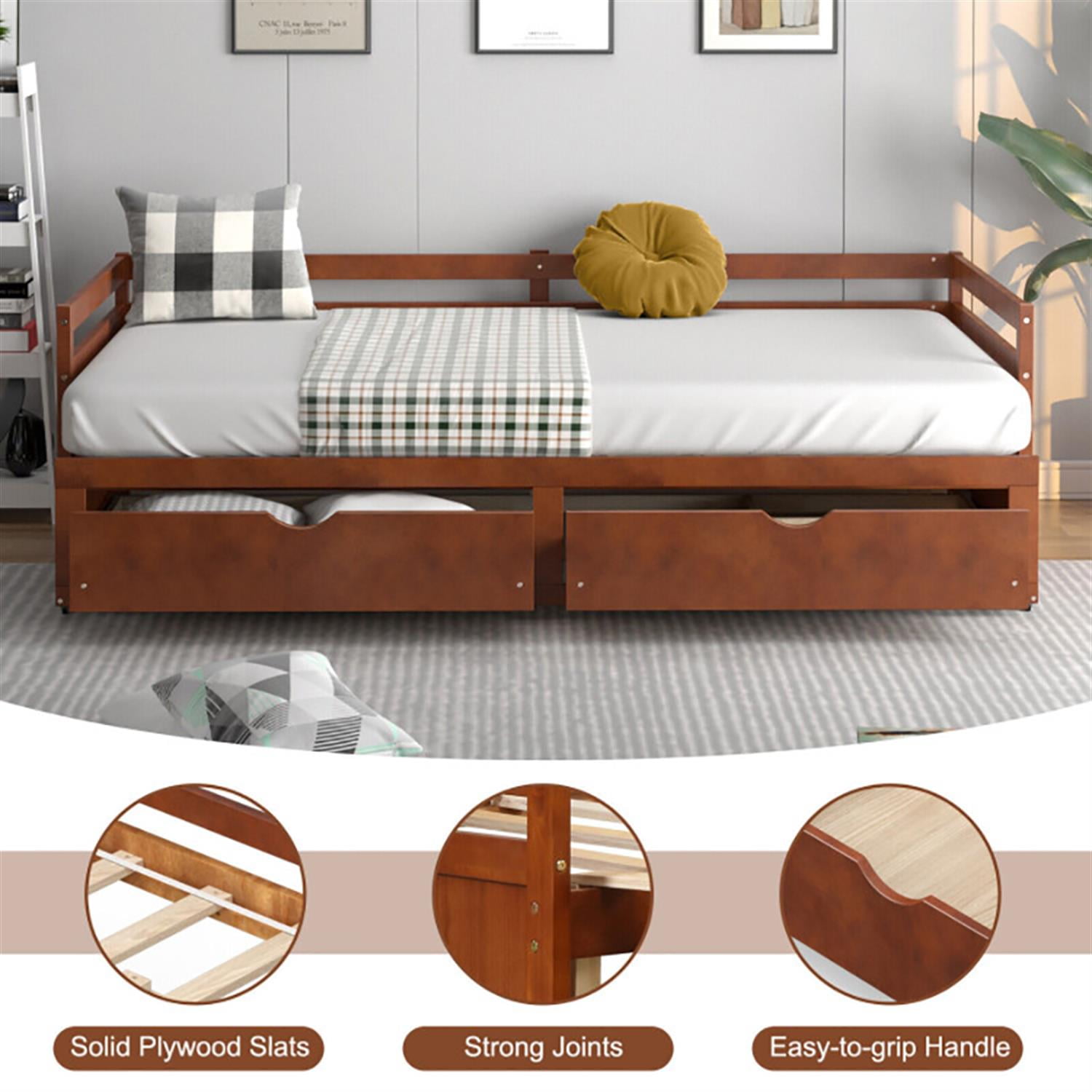 Demi Bonn Extendable Twin to King Daybed with Trundle and 2 Storage Drawers, Modern Bed Frame for Teens, Brown