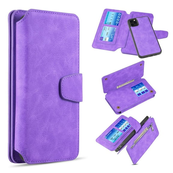Bemz PU Leather Clutch Wallet (Magnetic Detachable Case, 7 Card Slots, Zipper Pocket) Compatible with iPhone 14 Pro - Purple