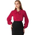 thumbnail image 1 of INSPIRE CHIC Blusa de oficina de trabajo para mujer Ribete en contraste Sólido Pajarita suelta Top con cuello en V borgo?a L, 1 of 6