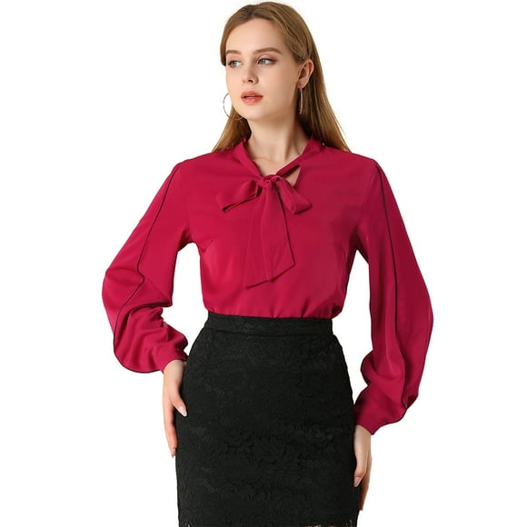 INSPIRE CHIC Blusa de oficina de trabajo para mujer Ribete en contraste Sólido Pajarita suelta Top con cuello en V borgo?a L