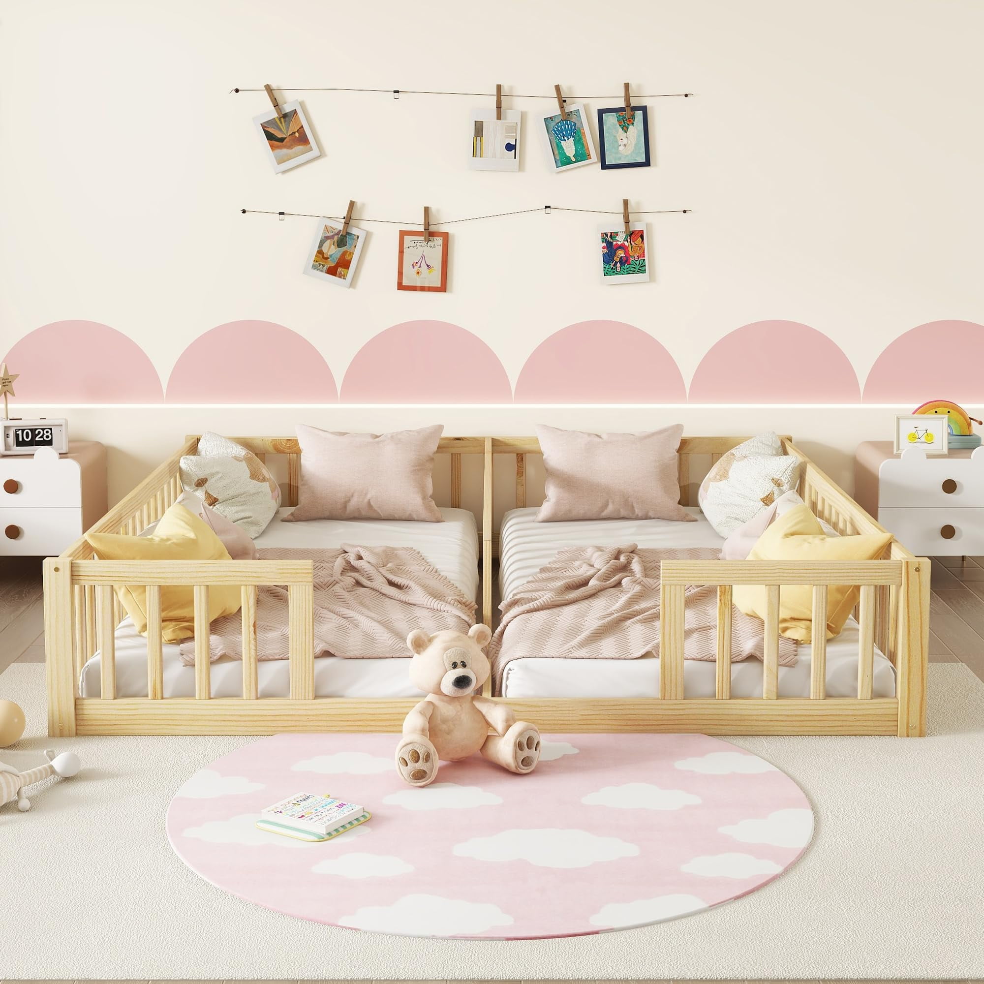 Double Twin Floor Bed, Montessori Bed Frame with Fence, Wooden Double Floor Bed with Guardrails for 2, Box Spring Needed, Natural