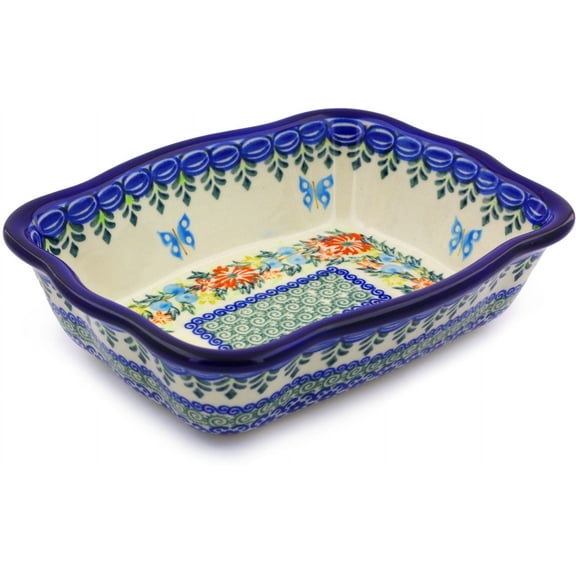Polish Pottery 7¾-inch Rectangular Baker (Ring Of Flowers Theme) Signature UNIKAT Hand Painted in Boleslawiec, Poland   Certificate of Authenticity