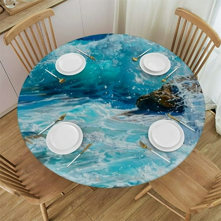 

Sheronv Waves Rocks Ocean Round Table Cover Stain Resistant Washable Indoor Outdoor Tablecloth Kitchen Dining Wedding Parties Decoration 100% Polyester Fiber 42 -46