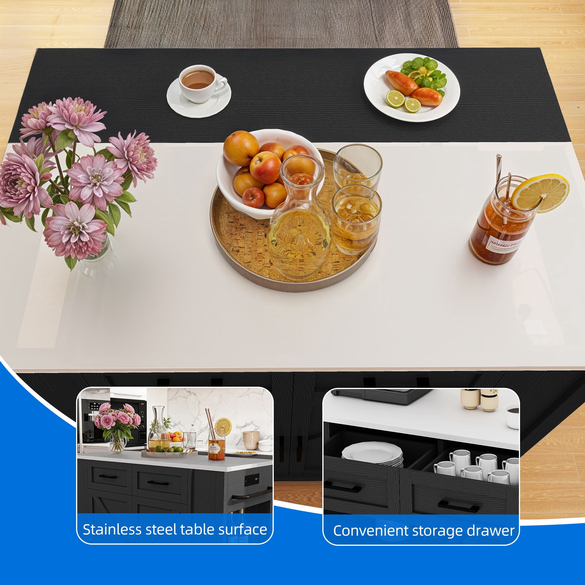 Dextrus Kitchen Island Cart with Storage & Drop Leaf, Kitchen Island Table with Power Outlets, Black