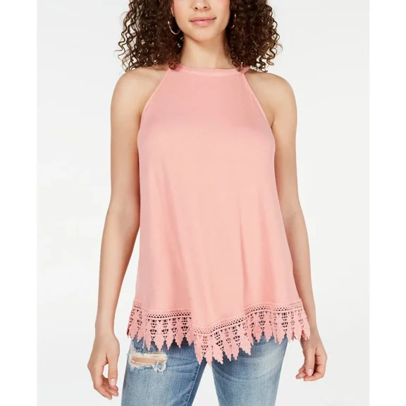 HIPPIE ROSE - Juniors' Rib Knit Crochet Tunic Tank Top Coral S