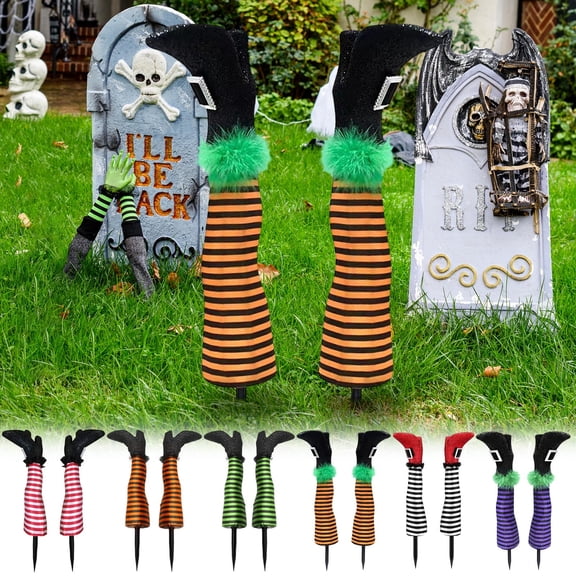 2pcs Halloween Prosthetic Witch Legs Garden Stakes, Spooky Witch Leg Yard Ornament, Realistic Fake Witch Leg Prop for Outdoor Lawn Patio Garden Halloween Theme Party Decoration, C