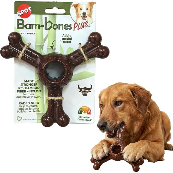 SPOT Bam-Bones Plus Triple Chew Toy for Dogs – Bamboo Fiber & Nylon Long Lasting Chew, Great for Adult Dogs & Teething Puppies, Non-Splintering, Bison Flavor, 7in