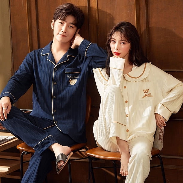 Pijamas de pareja de primavera y otoño Ropa de hogar de algodón de otoño para mujer y hombre Pantalones de manga larga Traje Cárdigan Solapa con botones delanteros Casual Hogar