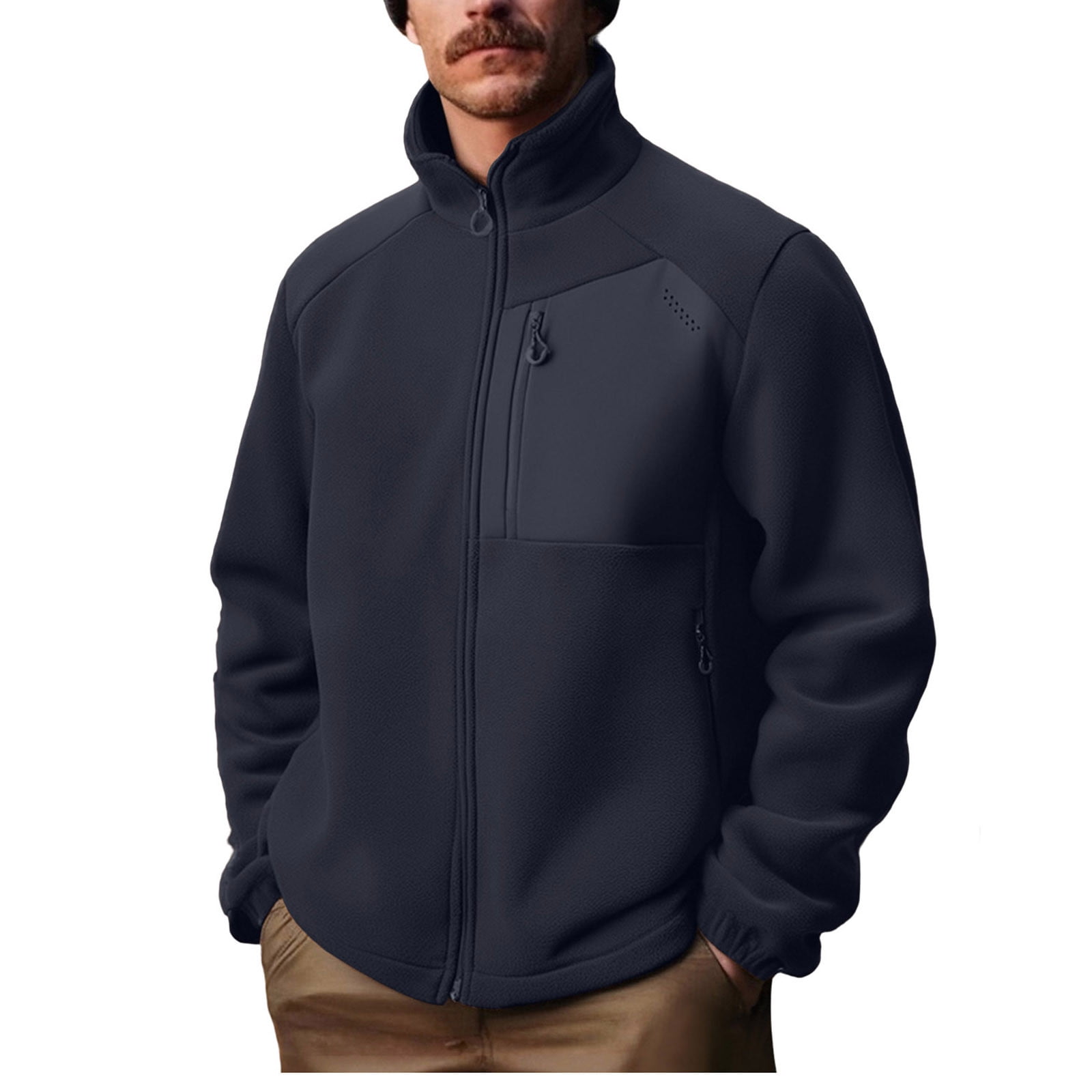YLSDY Men s Fleece Full Zip Up Sweatshirt Windproof Soft Shell Camo Hunting Jacket Heavy Mock Neck Jackets with Zip Pocket Dark Blue XXXL
