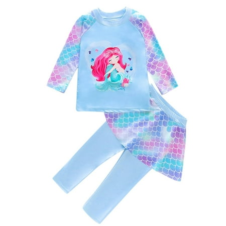 

URMAGIC Toddler Little Kids Girls 2-Pieces Swimsuit Long Rash Guard Bathsuit Ruffle Mermaid Swimwear