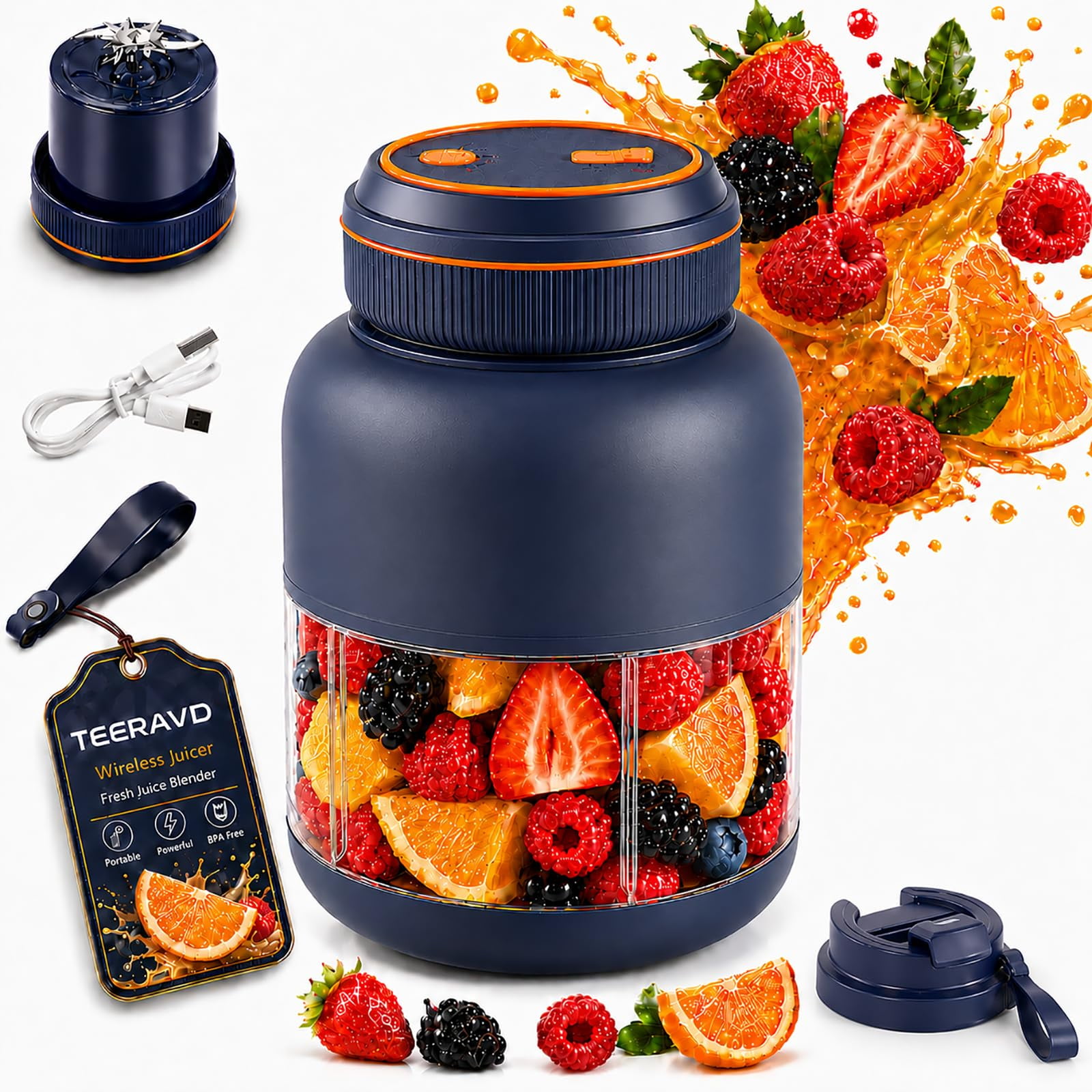 1300ml Portable Juicer 38 Blade Wireless Cup Blender Electric Fresh Bottle Mini Licuadora Portatil Personal Cupping Smoothie Single Serve Rechargeable Batidora Small with To-Go 180w It Fast
