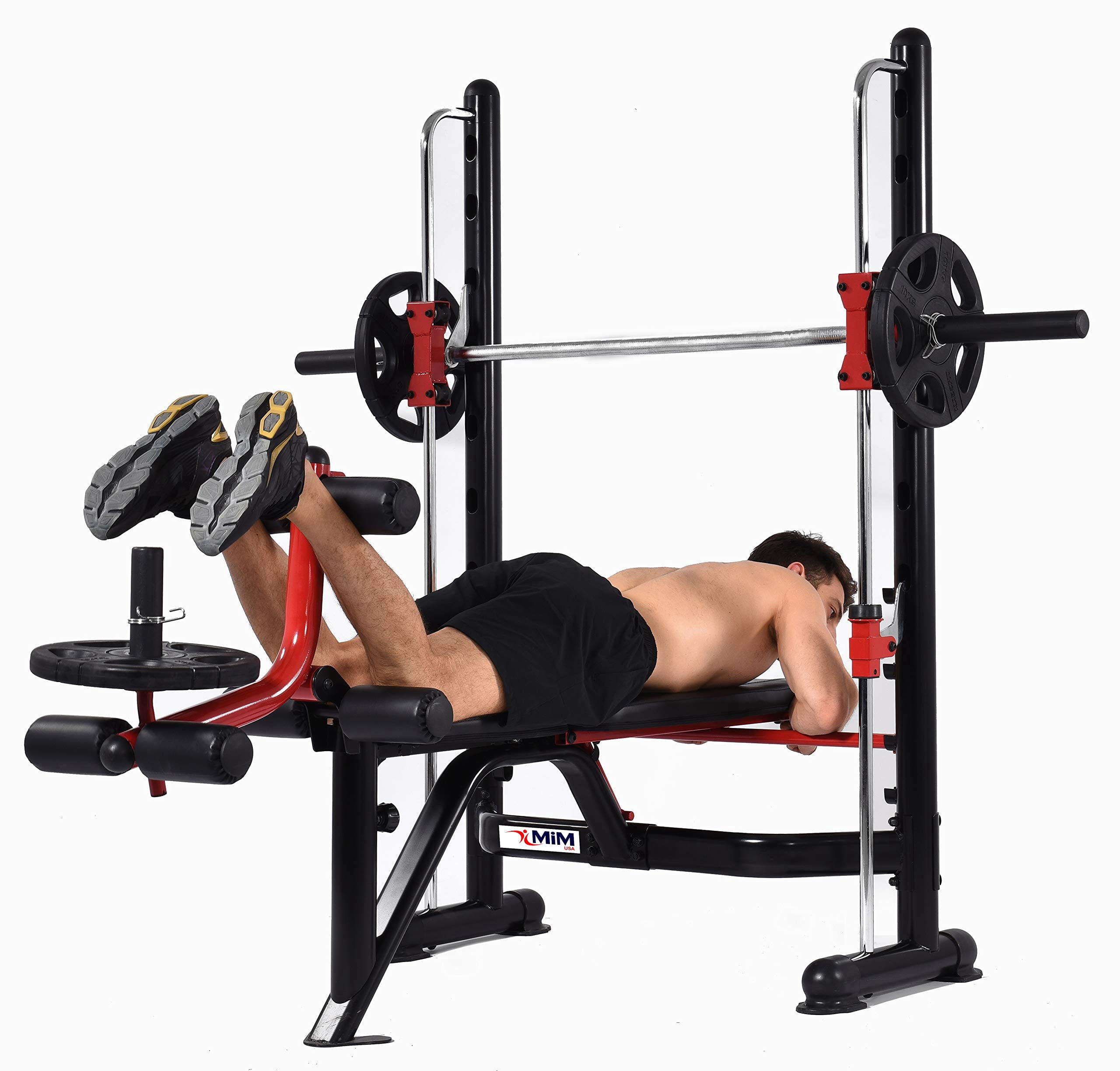 MiM USA Olympic Weight Bench w/Leg Extension Preacher curl Functions, Squat Rack Set