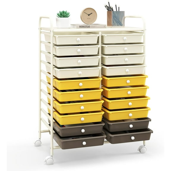 AOJDVE 20-Drawer Organizer Cart Tools, Mobile Utility Storage Cart with Removable Drawers & Lockable Wheels, Rolling Storage Cart with wheels for Home Office School (Yellow, Beige & Grey)