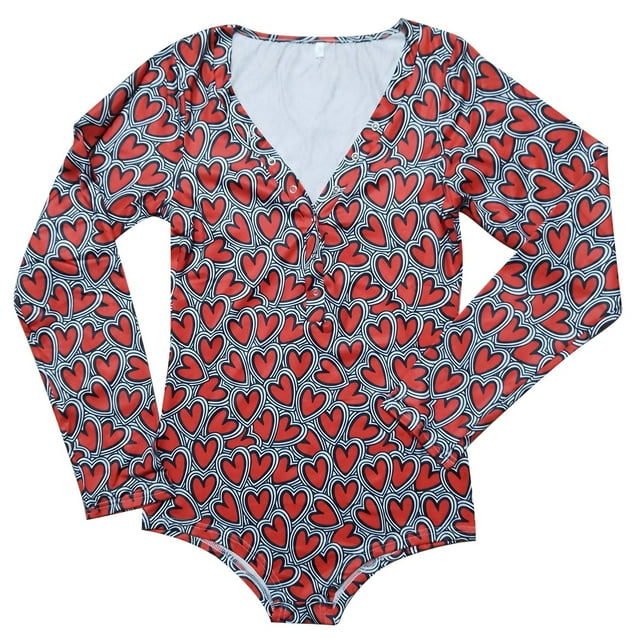 Bowake Justaucorps à Boutons Col en V pour Femmes Imprimé Cœur Manches Longues Bodycon Mode Pyjama de la Saint-Valentin