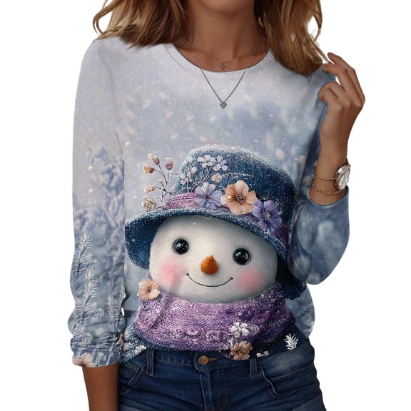 Women's Long Sleeve Shirts with Cute Print Graphic Tees Design, Blouses Casual Plus Size Basic Tops Pullover, Fashion Christmas Snowman Print Round Neck Top for Winter Wear,Blue,L