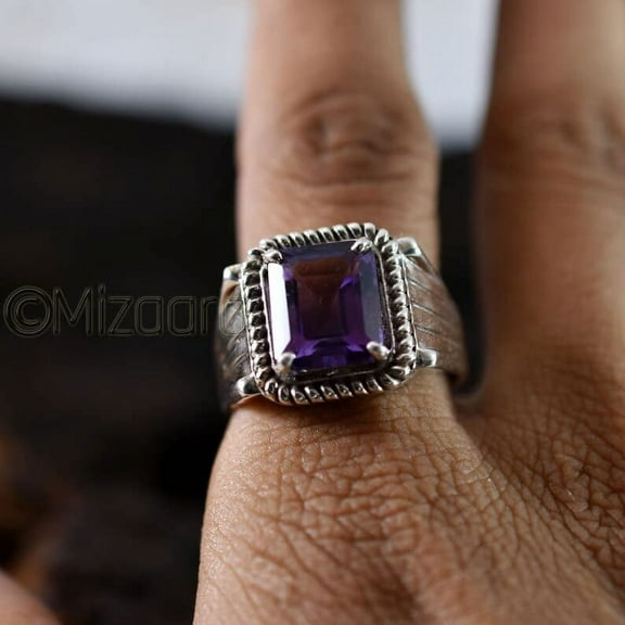 Mizaara, Amethyst Ring, Sterling Silver, Pinky Men's Jewelry, February Birthstone, Emerald Cut Ring, Gemstone, Anniversary, Organic Amethyst