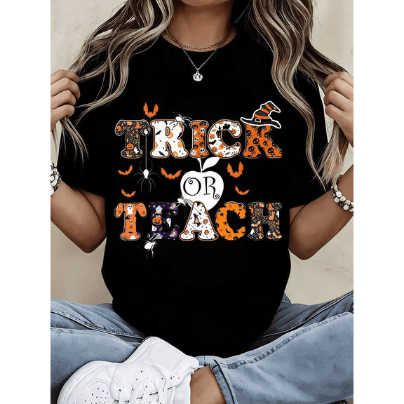 Trick Or Teach Halloween Teacher Shirt Women's Funny Costume Tee Orange Black Witch Hat Design Autumn Festival Wear