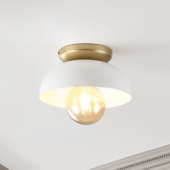 JONATHAN Y Paulina 8.5" 1-Light Classic Industrial Iron LED Flush Mount, White/Gold Painting, JYL1327B