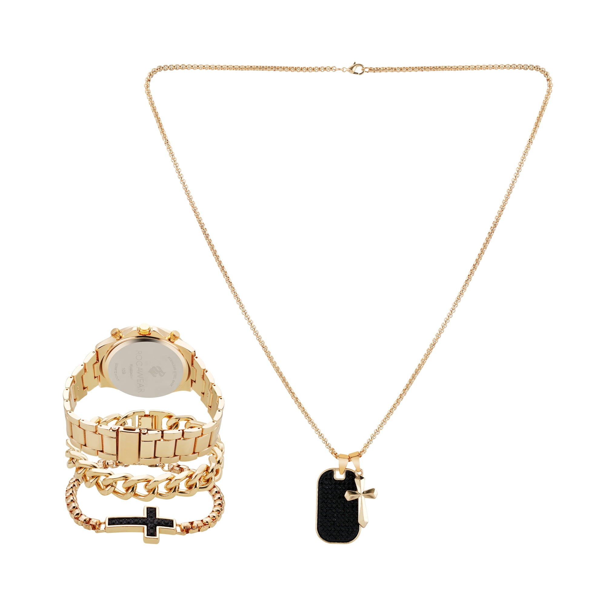 Rocawear Men's Quartz Metal Analog Watch w/ Necklace & Bracelet Set, Matte Black/Shiny Gold