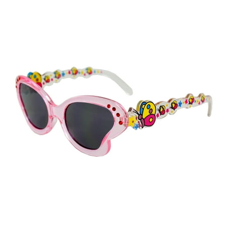 MLC Eyewear K0191-CLPKSM Kids Butterfly Sunglasses Clear Pink Frame Smoke Lenses Design with Multicolor Butterfly Pattern.