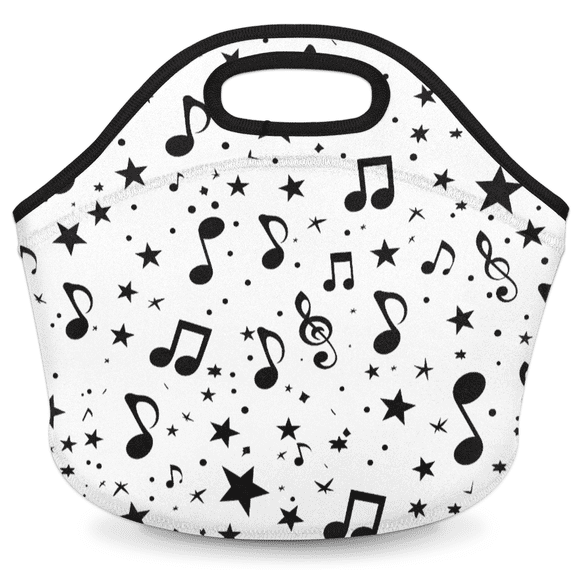 Herdesigns Black and White Music Neoprene Lunch Bag, Musical Notes Insulated Lunch Box for Women Men Washable Lunch Tote Soft Lunch Container With Zipper for Work Picnic Travel