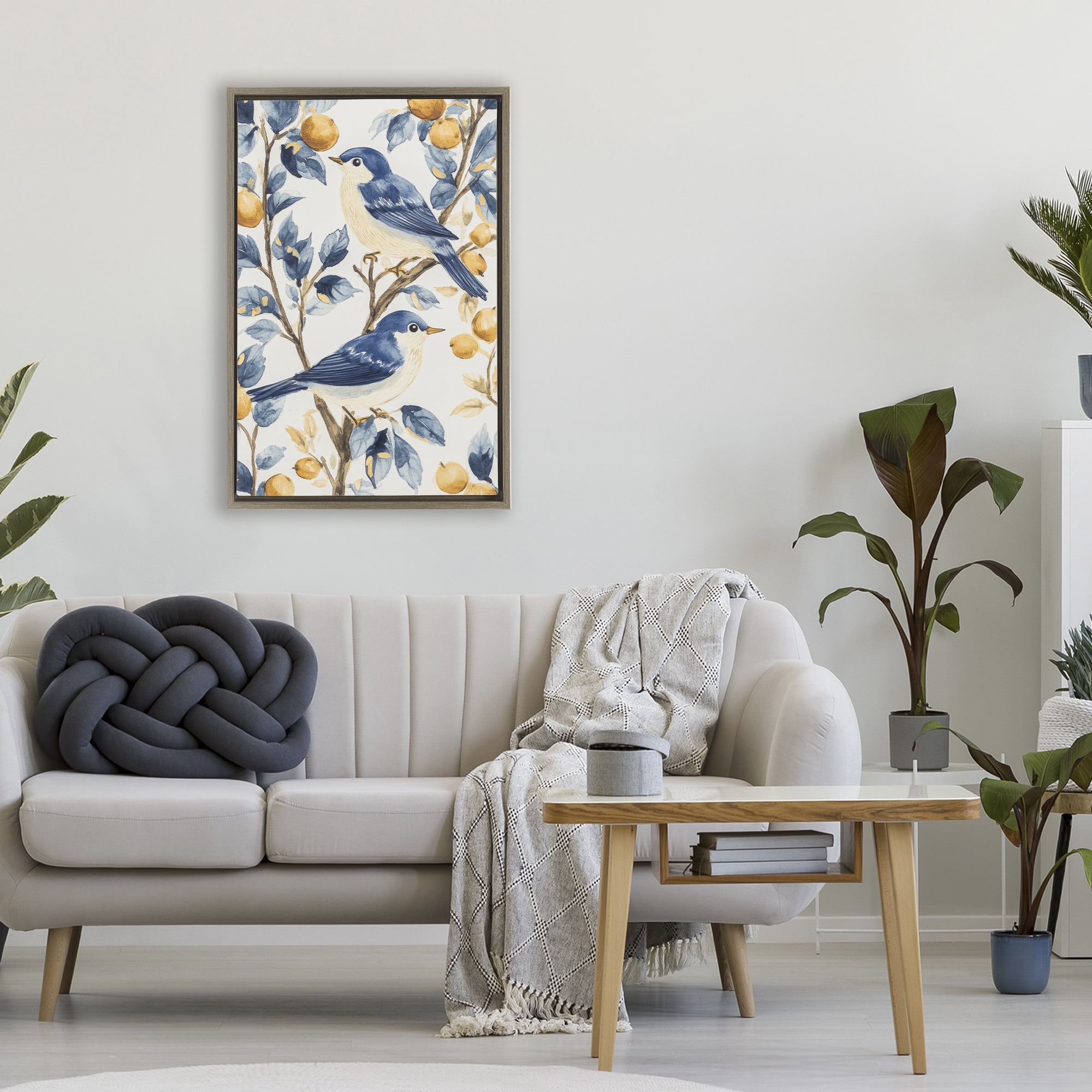 Stupell Industries Sweet Blue Birds on Lemon Branch Brown Framed Floater Canvas Wall Art, design by Petal Prints Design