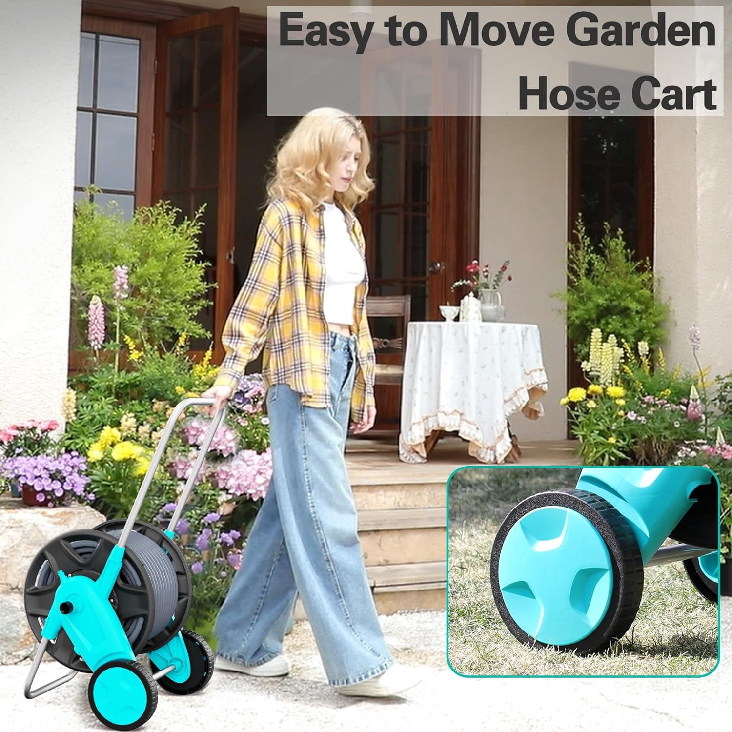 Portable Garden Hose Reel Cart, Hold Up to 100-120 Ft of 5/8 Inch Hose,Metal Garden Water Pipe Holders Mobile Tools with 2 Wheels for Outside Hose Storage