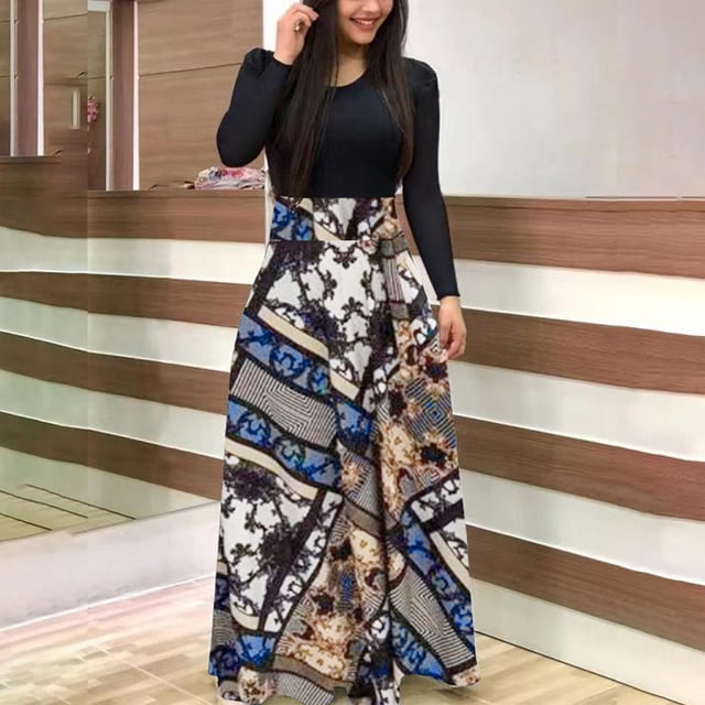 Robe d'Été Femme Manches Longues Imprimé Floral Décontracté Col Rond Patchwork Robe Maxi