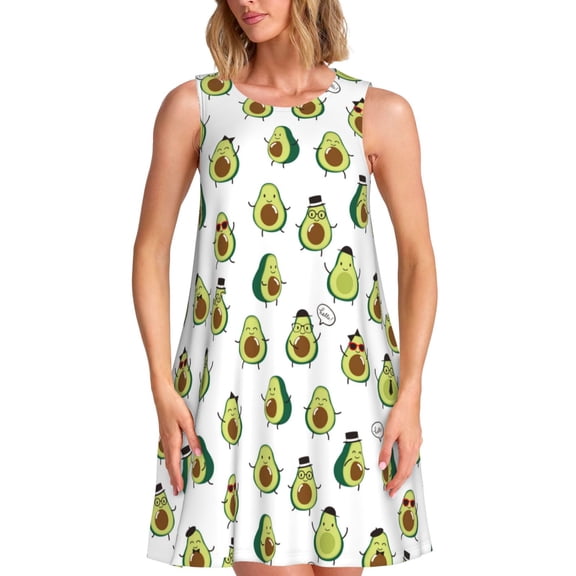 Logiee Avocado Friends Print Summer Dresses for Women,Beach Sleeveless Flowy Pocket Tshirt Tank Sundresses,Women's Sleeveless Dress