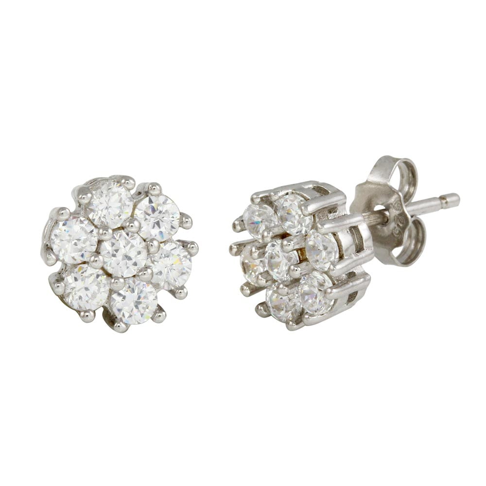 Clear Cubic Zirconia Cluster Flower Stud Earrings Rhodium Plated