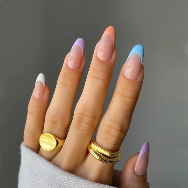 24Pcs Rainbow nail art multi-color fake nail French tip  long almond press on nail