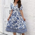 thumbnail image 4 of ZOELNIC Women Floral Maxi Dress Short Puff Sleeve V Neck Bohemian Flowy Smocked Long Dress, S, 4 of 10