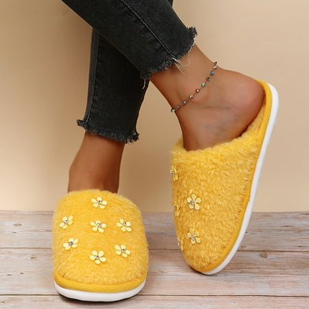

KKCXFJX slippers for women Winter Women s Flat Shoes Fuzzy Slippers Rhinestone Plush Cozy Furry Slides Soft Warm House Shoes Slippers