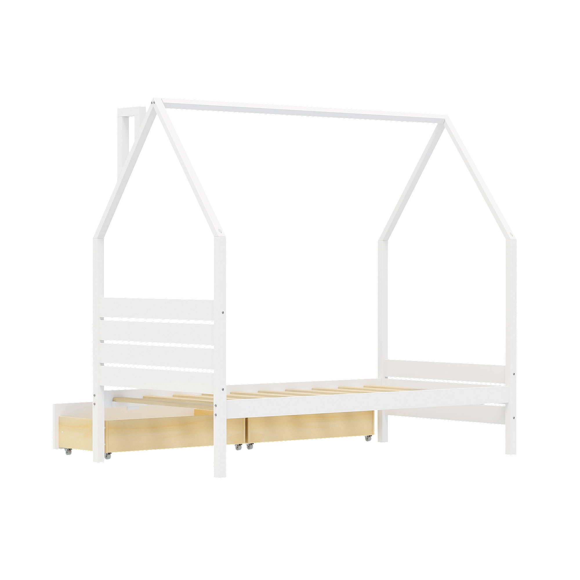 Euroco Wood Twin Size Platform Bed with Drawers, Montessori House Bed, White