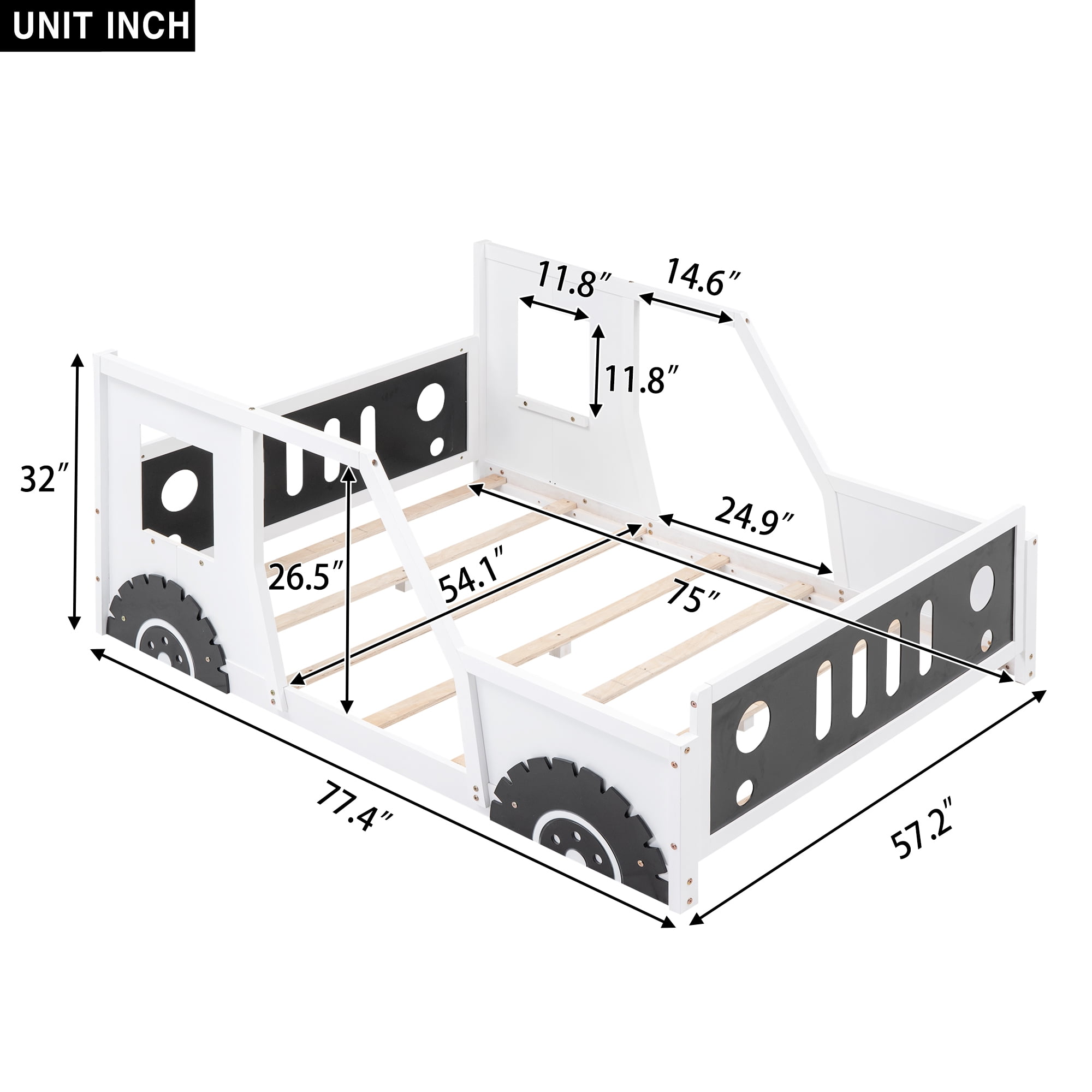 JERFIT Full Size Classic Car-Shaped Platform Bed with Wheels,White