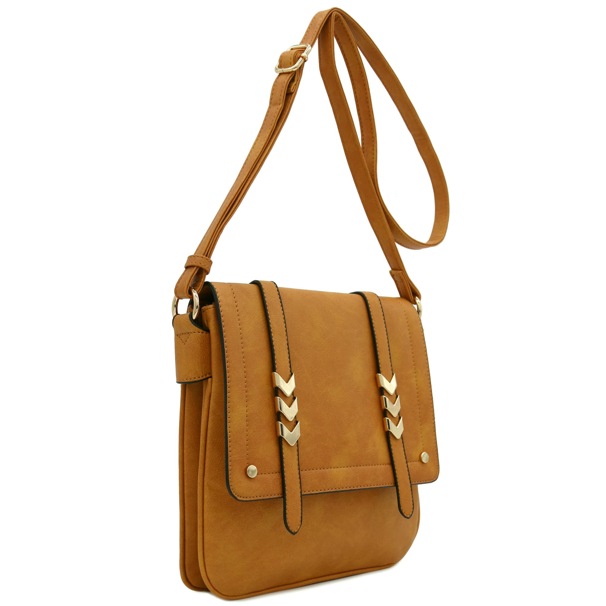 Double Compartment Large Flapover Crossbody Bag Mustard