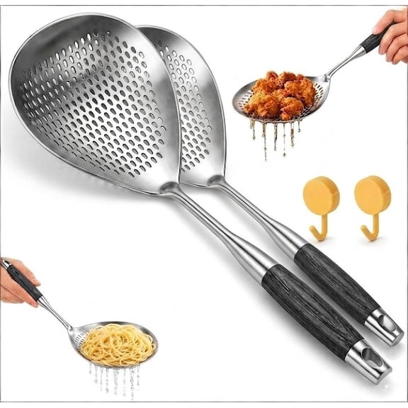 Wooden Handle Stainless Steel Skimmer, Skimmer Slotted Spoon, Skimmer Ladle Spoon with Heat-Resistant Long Handle, Extra Thick Spider Strainer for Deep Frying, Boiling & Fast Oil Draining (1)
