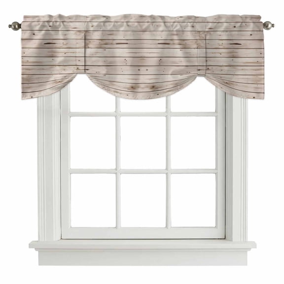 Vintage Farmhouse Tie Up Valance Curtains for Windows, Kitchen Curtains Window Treatments, Country Retro Beige Wooden Grain Short Window Shades Valances for Bedroom Bathroom Cafe 54"x18"
