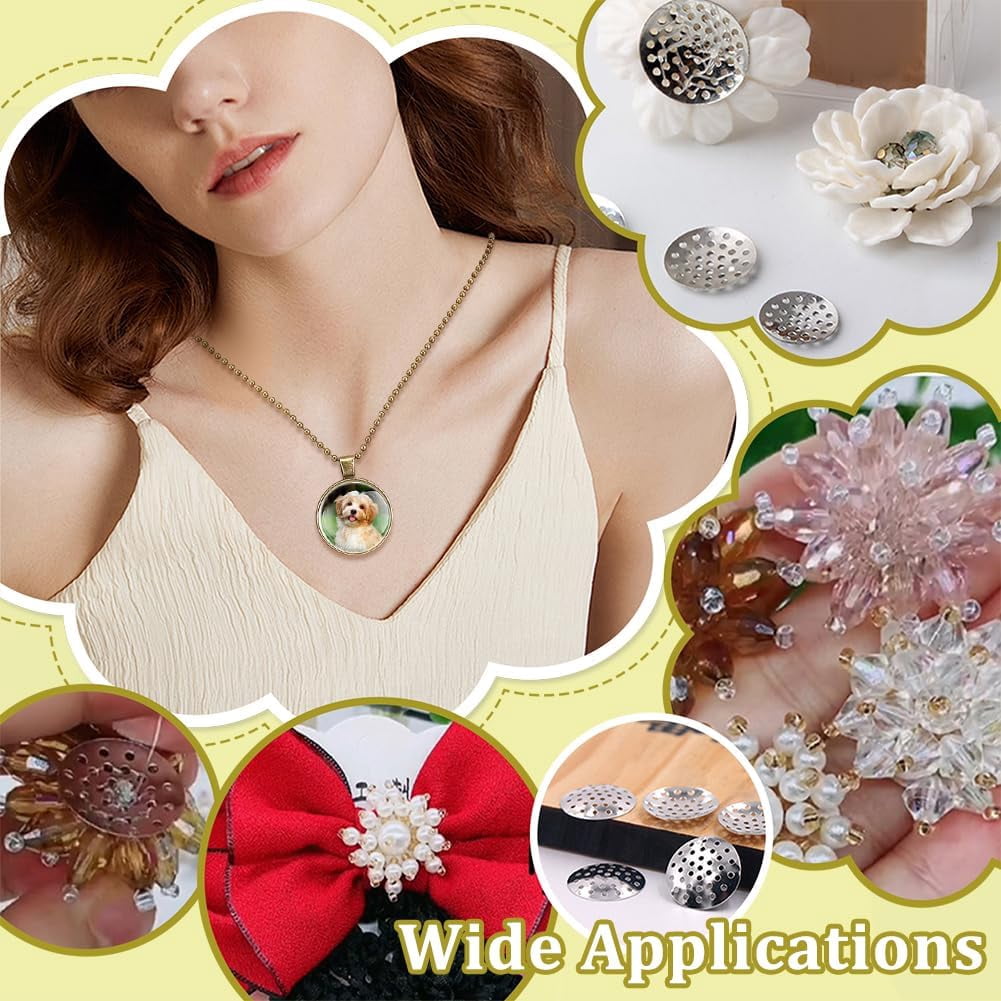 100Pcs Round Bezel Pendant Tray Kits 3 Styles Alloy Cabochon Charm Settings with Dome Glass Cabochons Chains and Brooch Sieve Findings DIY Craft Supplies