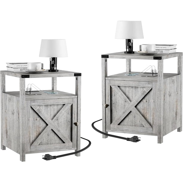 JJUN Farmhouse Nightstand Set of 2 with Charging Station, Rustic End Table Bedroom with Storage Living Room Side Table Grayish White Night Stand Industrial Bedside Table