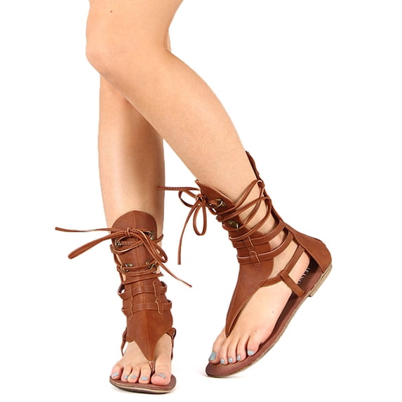 Liliana CK10 Women Leatherette Tie-Up Mid Calf Gladiator Flat Sandal