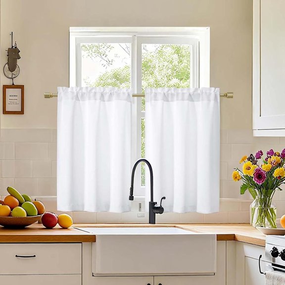 FRKSMD-Pure White Cafe Curtains Tier 36 Inch Length 2 Panels Set, Half Window Light Filtering Curtains for Kitchen, Rod Pocket Tier Thermal Insulated Window Treatment Short Curtain, 30" Wx36 L