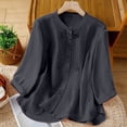 thumbnail image 5 of Rhuody Tops For Womens Embroidered Linen Shirt For Summer Boho Blouse With Three Quarter Sleeve Crewneck Tee Elegant Wear Navy M, 5 of 9