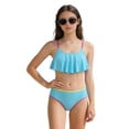 thumbnail image 4 of Bigetiay Girls Swimsuit 2 Piece Bikini Ruffled Bathing Adjustable Straps Striped Hollow High Waist Swimwear Set for 6-14 Years Summer, Size 7-8 Years, 4 of 5