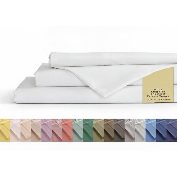 100% Cotton Percale King Sheet Set White 4 Piece Deep Pocket 15 Inch Fitted Flat and 2 Pillowcases